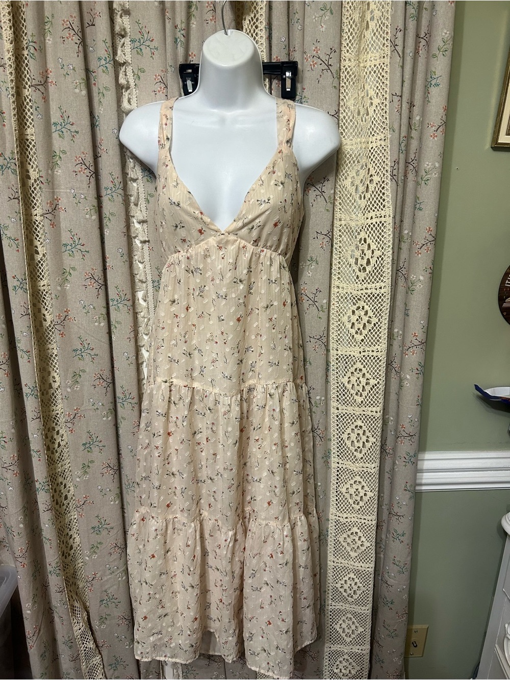 Storia Floral Swiss Dot Open Back Midi Dress Small Cottagecore Boho Cream